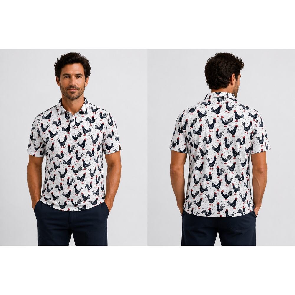 Iron Oak Rooster Western Golf Pearl Snap Polo White Red — Medium - Picture 10 of 10